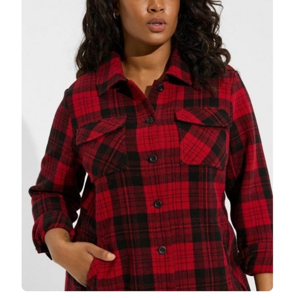 TORRID NWT Red Plaid Cotton Brushed Midi Shacket - Picture 4 of 6